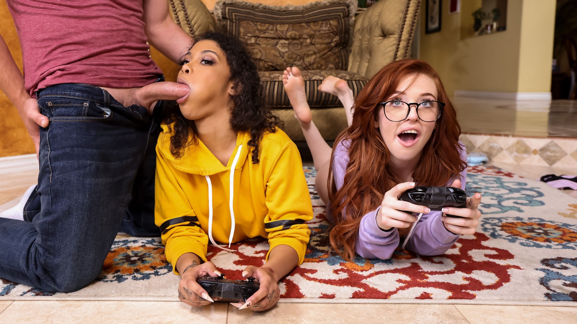 Gamer Girl Threesome Action<script src=